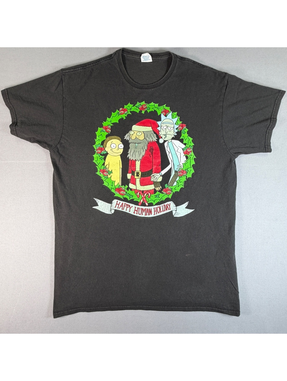 Rick And Morty Happy Human Holiday Shirt Men's L Black Christmas Graphic Tee